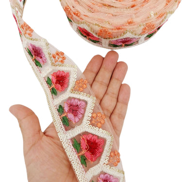 9 Yards Peach Soft Net Lace Trim Floral Embroidery and Gold Sequins, Floral Sari Border, Decorative Trim